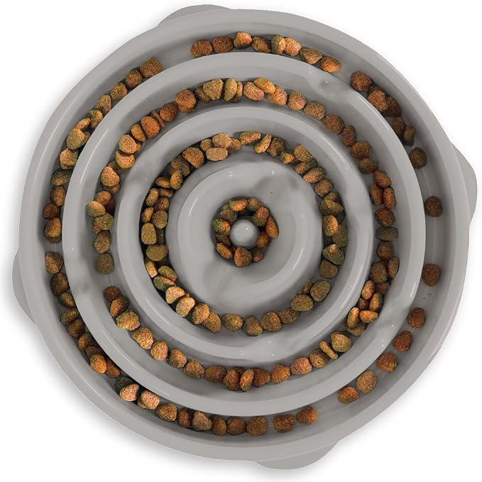 Outward Hound Fun Feeder Slo Bowl – Large 4‑Cup Capacity, Slow Feeding, Medium to Large Dogs, Non‑Slip, Gray, Drop Pattern, 11.75"