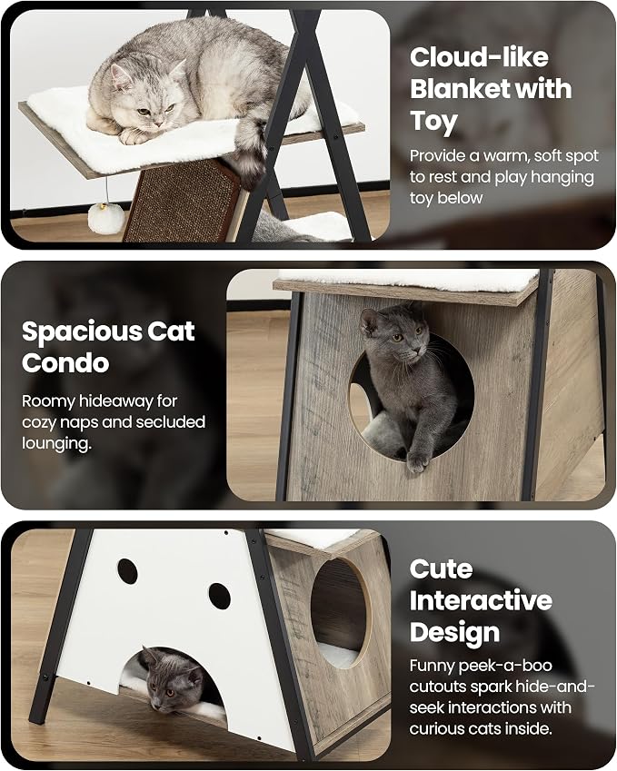 Modern Wood Cat Tree Tower for Indoor Cats Large Adult 67-in Tall | Heavy Duty XL Stable Wooden Cat Condo House Furniture with Multi-Level Spacious Perch Scratching Board Soft Washable Pads