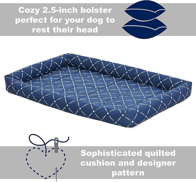 MidWest Homes for Pets 40236-BLD Quiet Time Couture Ashton Bolster Pet Bed, Intermediate Dog/36, Blue, Blue & White Diamond Pattern