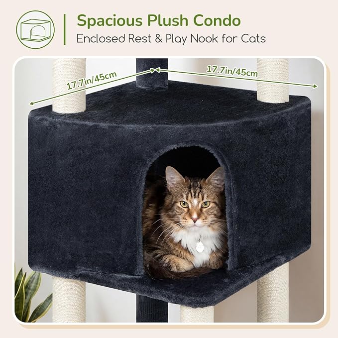 Globlazer F65D Corner Cat Tree Tower with Scratching Posts, Dark Grey | 65in Multi-Level Large Cat Scratching Tower with Hammock, 6 Scratching Posts, Basket and 2 Perches for Indoor Multiple Cats