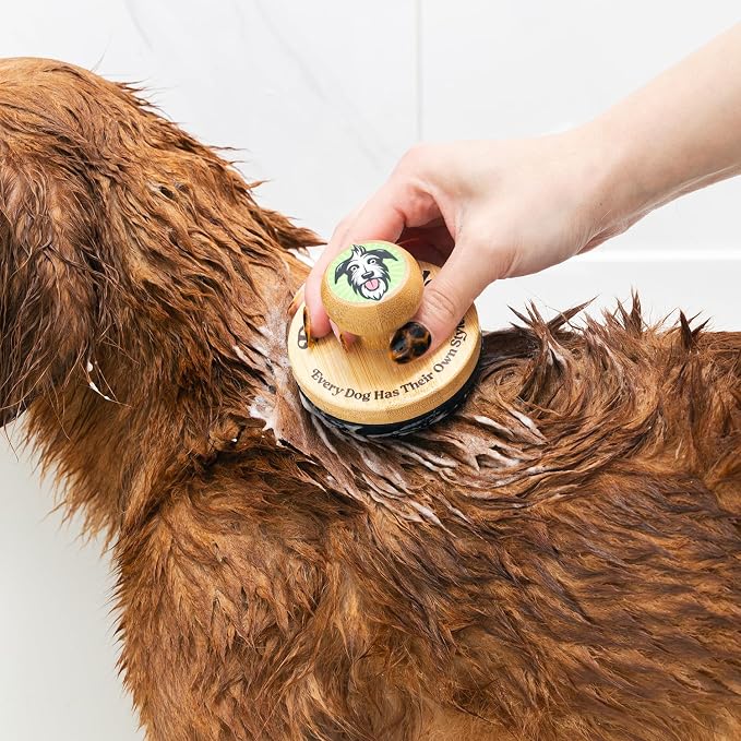 Doggy Style Small Bamboo Dog Bath Scrubber, Bamboo Handle with Soft Silicone Bristles, Shampoo & Massage Tool for Small & Medium Dogs