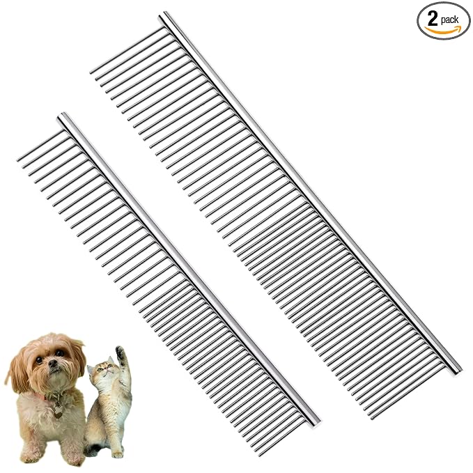 2PCS 6.4"&7.5" Stainless Steel Pet Deshedding Brush & Grooming Comb | Rustproof Stainless Steel, Remove Loose Fur & Tangles, Gentle on Skin, For Dogs Cats All Hair Types, Easy Clean Grooming Tool