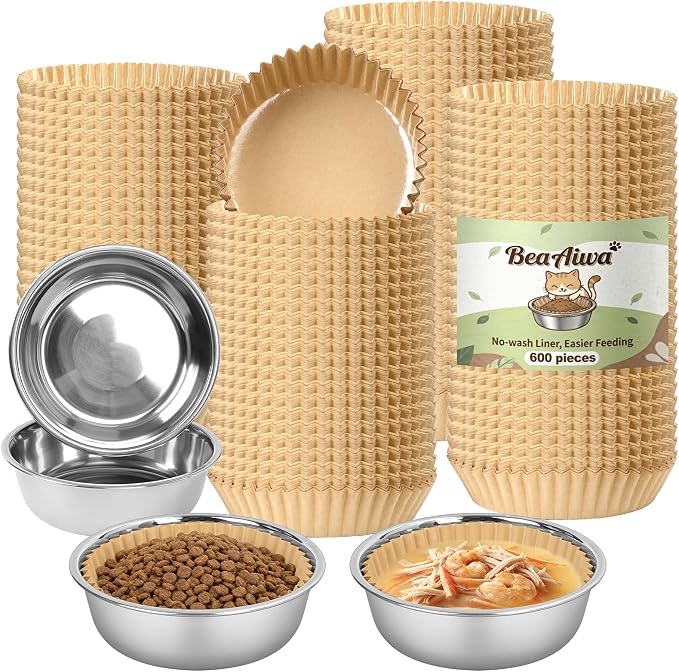 Bulk Disposable Cat Bowls Set (600 Pcs Cat Food Bowl Liners + 4 Pcs Stainless Steel Pet Bowls) Small Paper Bowls for Puppies, Kittens, Small Dogs and Cats, Ideal for Dry and Wet Food (Khaki, Classic)