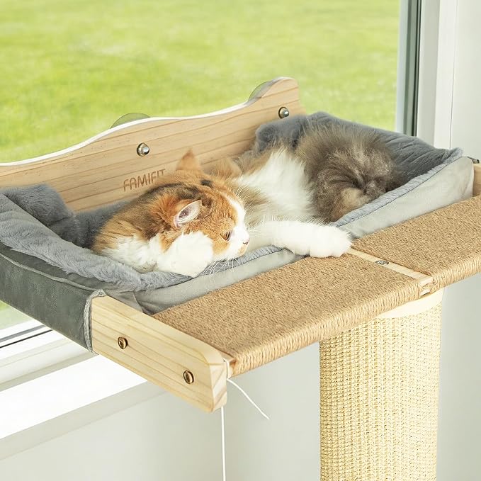 Cat Window Perch Hammock with 3-Piece Detachable Roman Column Sisal Scratching Posts, Gray Fluffy Cusion, Drill-Free Suction Cup Mount, Extra Large for Large Cats & Maine Coons, 60 LBS Capacity