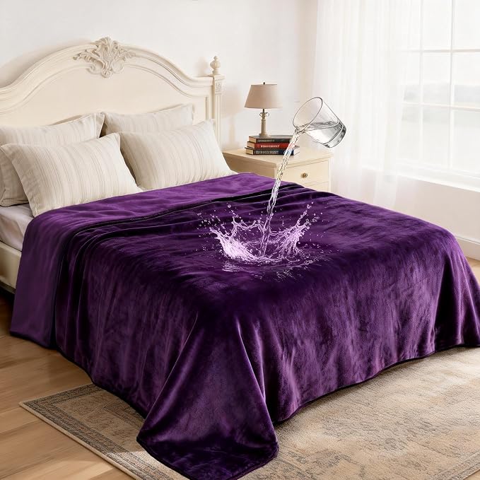 gogobunny Waterproof Flannel Blanket for Bed Couch Sofa, Reversible Double-Sided Throw for Dog Cat, Stain Resistant Furniture Protector Against Liquid Pee and Fur (90" x 90", Dark Purple/Light Purple)