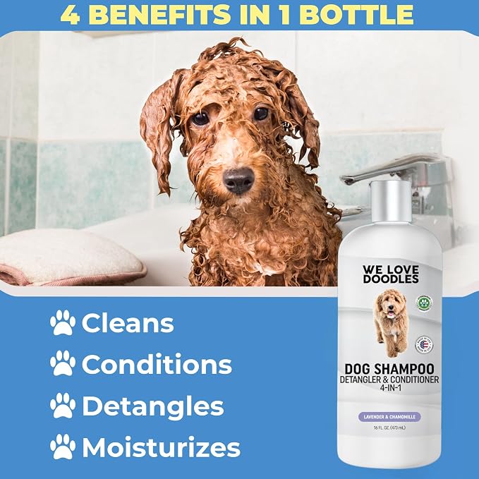 Dog Shampoo, Conditioner & Detangler, Hypoallergenic Tearless Lavender 16OZ | For Sensitive Itchy Skin, Hypoallergenic, Tearless, Best Shampoo For Smelly Dogs, Goldendoodle, Poodle & Doodle, Made in USA