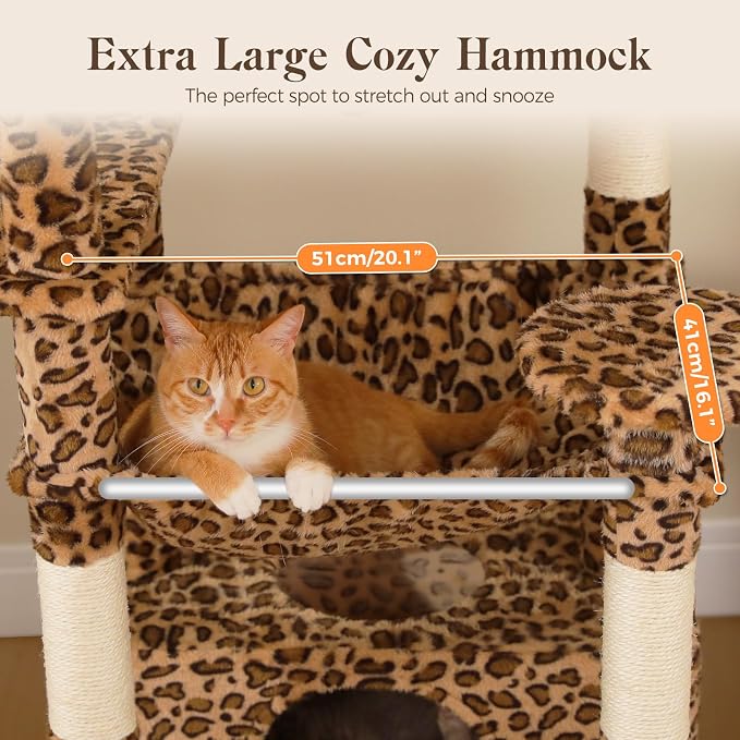 PAWZ Road 72" Leopard Tall Cat Tree for Large Cats with Condo & Sisal Posts | leopard plush cat tower, dual condos&perches for indoor large cats, 16"x16" large hammock,8 sisal posts&bottom scratcher