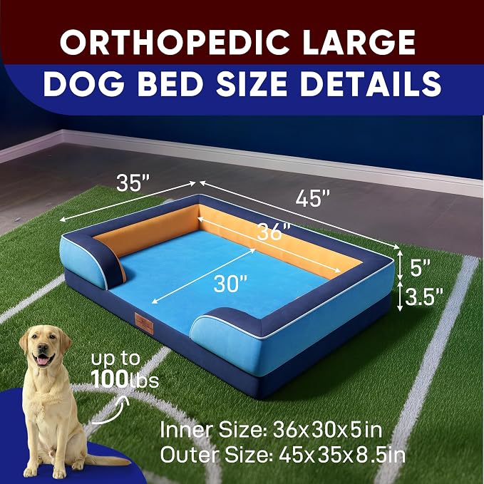 Comfort Expression Orthopedic Dog Bed for Extra Large Dogs with Bolster | Waterproof Dog Couch Bed with Washable Cover & Non-Slip Bottom, Supportive Egg Crate Foam XL Pet Bed, 45x35 Inch