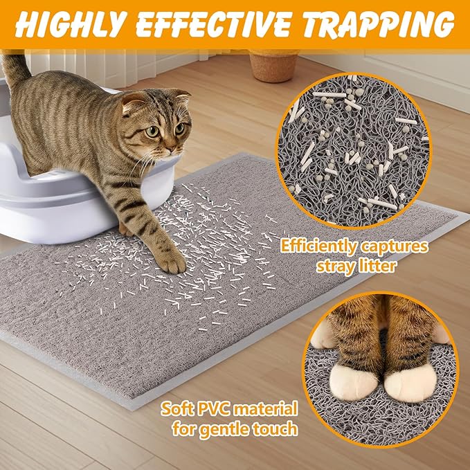 ondware Cat Litter Mat 20 x 15 in, Waterproof Non-Slip, Gray | Soft PVC, traps scattered litter, paw-friendly surface, easy rinse-clean, reusable around litter box
