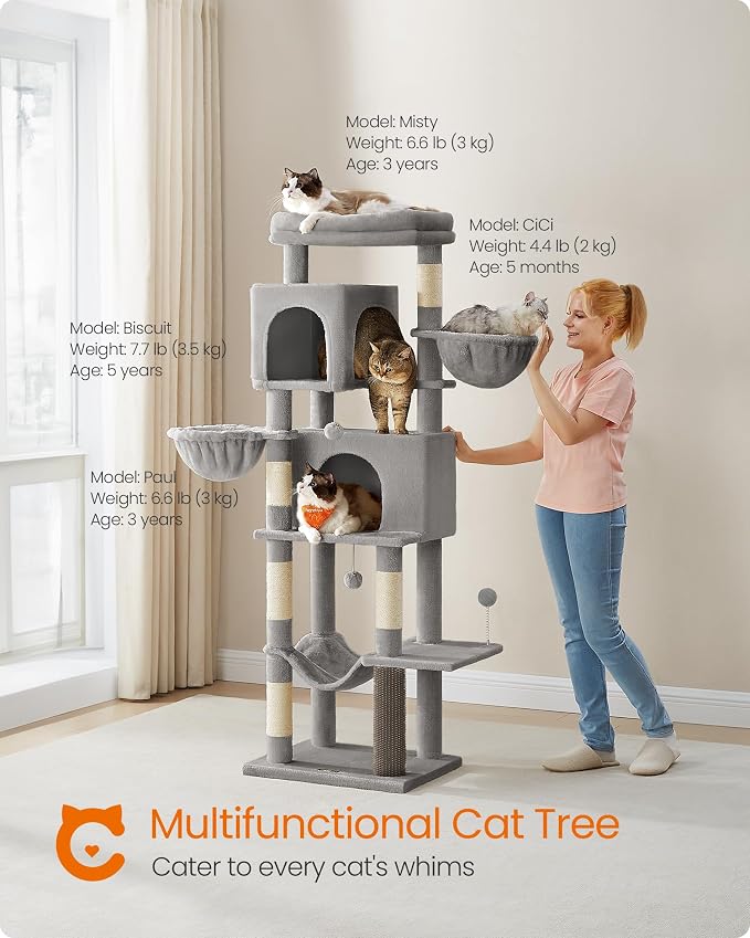 Feandrea Cat Tree, 69-Inch Tall Cat Tower, Multi-Level Plush Condo with 2 Caves, 2 Baskets, 5 Scratching Posts, Self-Groomer, Perch, Hammock, Dove Gray UPCT182G01