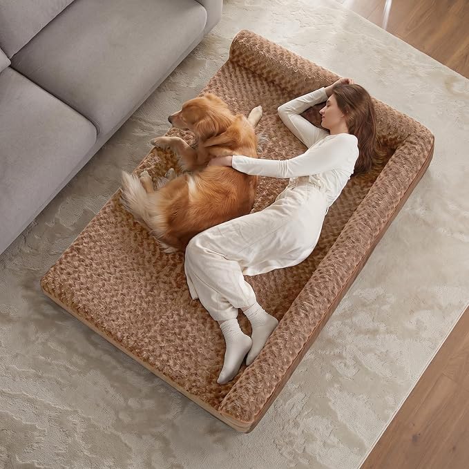 BFPETHOME Orthopedic Washable Dog Bed, Sleeping Couch for Large Senior Dogs | Deluxe Plush Rose Velvet Washable Cover, Egg Crate Foam Support, Waterproof Lining, Non-Slip Bottom, Senior Dogs