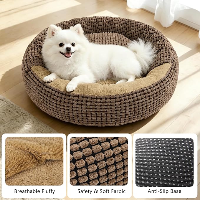 Small Dog Bed with Attached Blanket, Cozy Donut Cuddler Anti-Anxiety Hooded Pet Beds Calming Cave Bed, Orthopedic Round Puppy Beds for Dogs or Cats Washable, Anti-Slip Bottom, 23inch