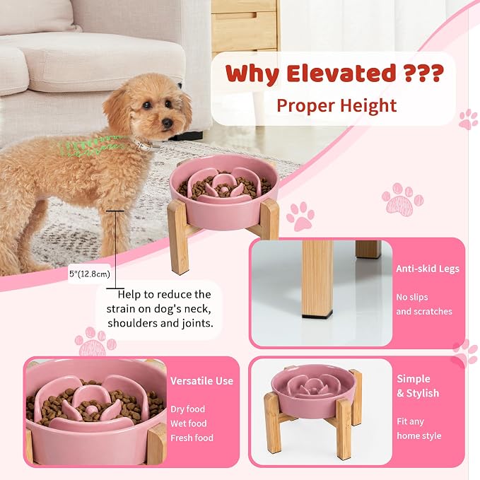 Elevated Slow Feeder Dog Bowl - Ceramic Maze Food Dish with Bamboo Stand - Raised Feeding Bowl for Fast Eaters - Ideal for Small and Medium Dogs - Pink - 6.7 inch