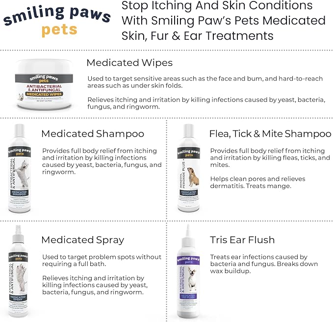 Smiling Paws Medicated Tris Flush Ear Cleaner for Dogs & Cats, 12oz | Contains Ketoconazole, Treats Itching, Odor Treatment, Ear Medication