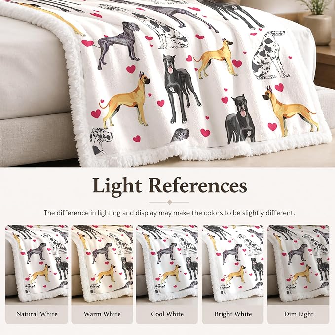 BlessLiving Great Dane White Throw Blanket with Dense Black Dog Patterns Sherpa Fleece Blanket Couch Bed, Soft Cozy Warm Pet Blankets for Puppy Lovers Cute Animal Print Gift 60x80 Inches