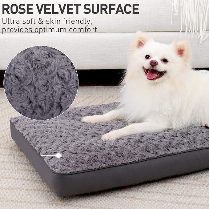 KSIIA Washable Dog Bed for Crate Waterproof for Small Dogs,23x17 Inch,Gray | 3in egg crate foam,orthopedic support,Soft rose velvet,3ply waterproof fabric,removable cover,anti-slip base,washable