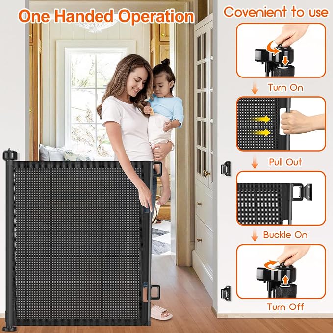 71 inch Retractable Baby Gates, EZIGO Extra Wide Baby Gate for Large Opening Extra Long Mesh Gate for Kids or Pet Dog Gate Child Safety Gate for Stairs Hallways Doorway Indoor Outdoor, Black
