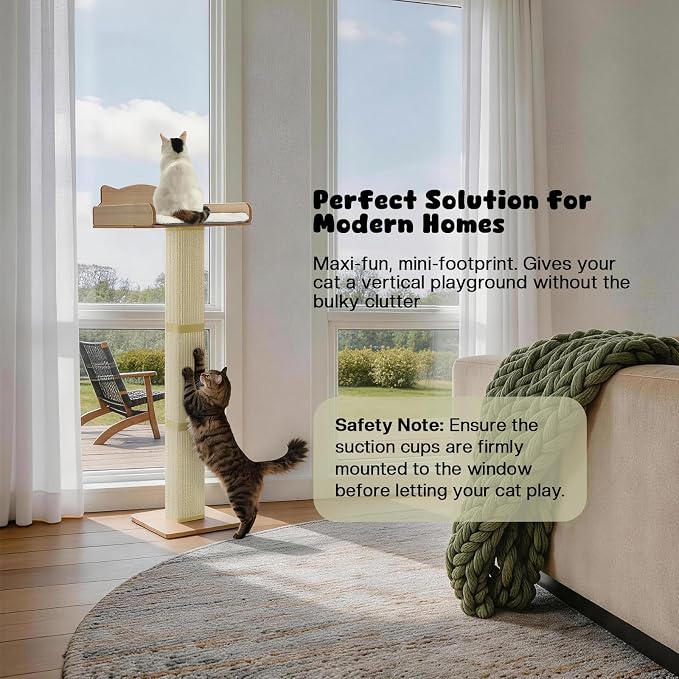 Cat Window Perch with Thick Sisal Scratching Post, Cat Hammock for Window, 53.5" Adjustable Tall Cats Scratching Post with 2 Upgrade Suction Cups, Cats Window Bed with Fluffy Cushion, Sisal