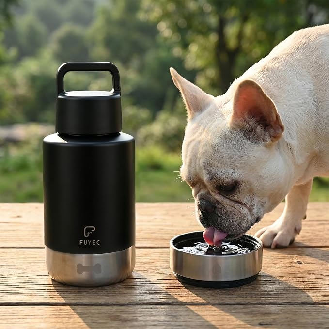 Dog Water Bottle with 2 Bowls, 32 oz Insulated Stainless Steel Portable Pet Travel Bottle, Food and Water Bowl Set for Walking Hiking Camping, Large Dog Accessories, Black