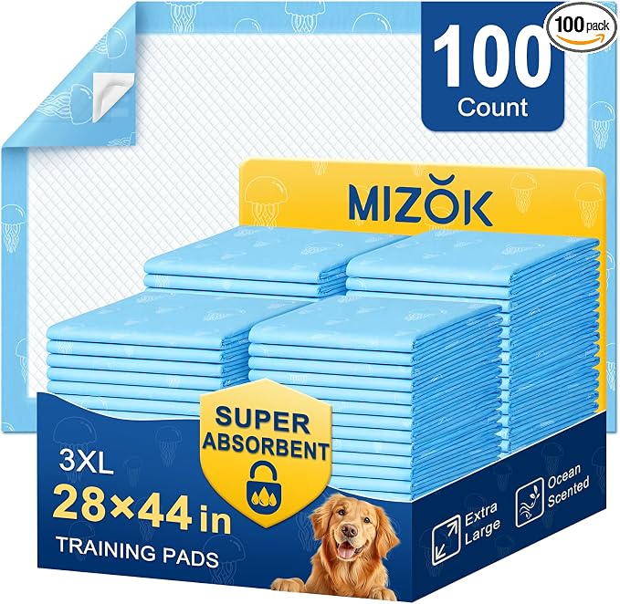 MIZOK Dog Pee Pads 28x44in Dog Pads XXL Super Absorbent Up to 12 Cups Marine Scented Odor-Control Pee Pads with Jellyfish Pattern, Quick Dry & Leak-Proof (100 Counts)