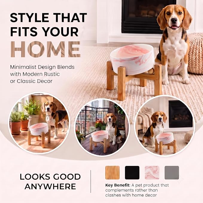 hjn Elevated Ceramic Dog Bowl 15°Slanted Raised Dog Bowl with Bamboo Stand for Small Medium Dogs and Cats, Pet Feeder -3.6-Cup (850ml)-Marble Pink