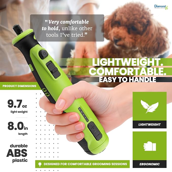 Diamondg Cordless Dog Nail Grinder - Quiet Sound with LED Light, Green | 5-Speed Rechargeable Pet Nail Trimmer for Small & Large Dogs, USB-C Charging, 4hrs. Runtime, Painless Dog Nail Grinding Kit