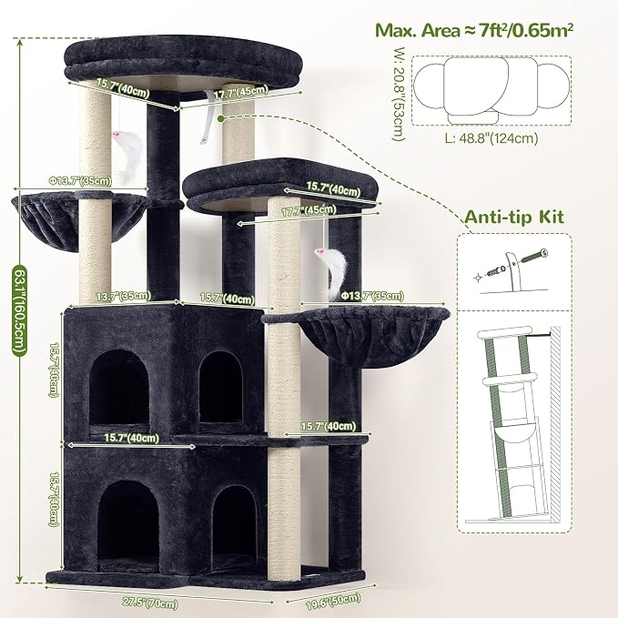 Globlazer Cat Tree Tower for Indoor Cats, Sturdy Adult Cat Tree House for Large Adult Cats with 2 Platform, 6 Cat Scratching Post, 2 Cat Caves, Dangling Toys, S63, 63 inch, Dark Grey