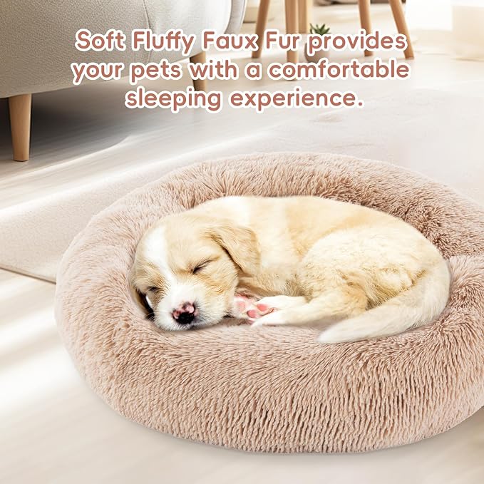 FluffyDream 30 Inch Calming Donut Bed for Dogs and Cats, Brown Washable Plush Fur Cuddle Bed