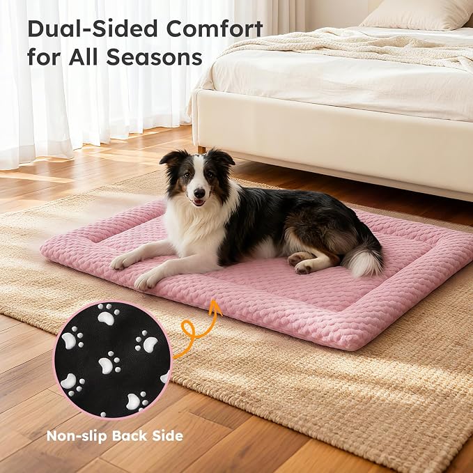 Dog Bed Mat, Dual-Sided Dog Crate Bed Mat - Ultra Soft & Machine Washable Kennel Pad for Large Dogs, All-Season Comfort Pet Bed for Crates, Travel, and Home, Pink, 35 x 23 Inch