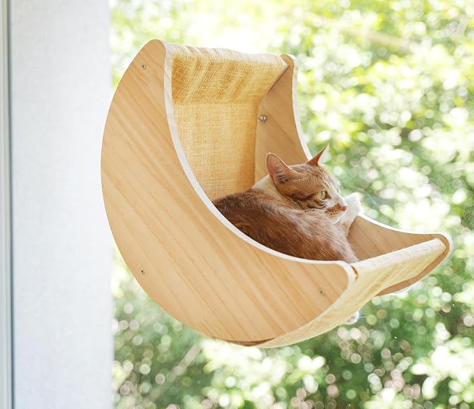 Cat Window Perch, Plywood Moon Bed with 4 Heavy-Duty Suction Cups | Window-Mounted, Drill-Free, Up to 40 lb Support, For Small to Medium Cats, Spacious Lounging Area, Machine-Washable Pad