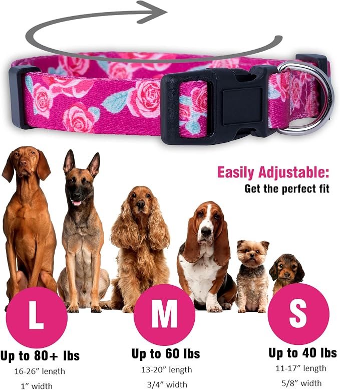 Native Pup Flower Dog Collar, Adjustable Small Medium Large, Cute Girl Female Summer Spring Pretty Designer Puppy Essentials Accessories, Pink Floral Blue Daisy Rose (Small, Roses)