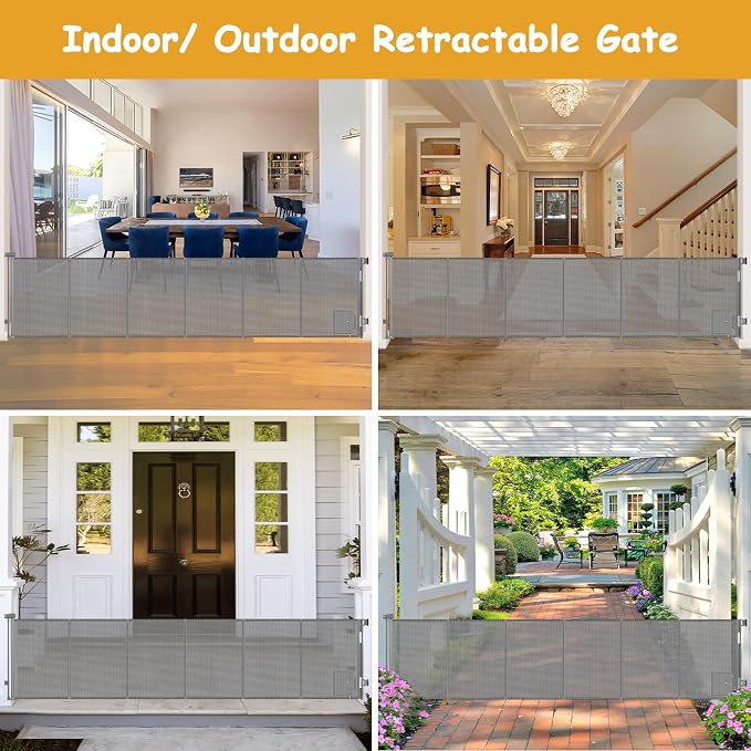 Reinforced 150 Inch Extra Wide Dog Gate with Cat Door 12.5 Ft Extra Long Baby Gates for Large Openings 37” Tall Retractable Pet Gates for Wide Openings Large Pet Gate with Cat Door, Gray