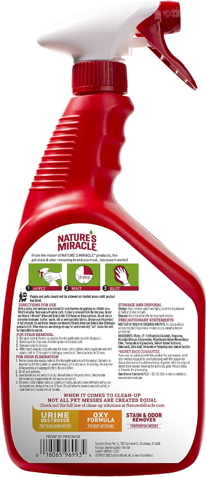 Nature’s Miracle Advanced Cat Stain & Odor Eliminator, Severe Mess, 32 oz | Enzymatic Cleaner Eliminates the Toughest Cat Messes, For Use on Multiple Surfaces, Safe For Pets and Home*, Fresh Scent