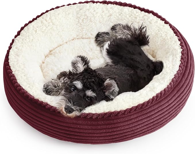 Love's cabin Round Donut Cat and Dog Cushion Bed, 24in Pet Bed for Small or Medium Dogs, Anti-Slip & Water-Resistant Bottom, Soft Durable Fabric Pet Beds, Washable Calming Cat Bed Burgundy Stripe