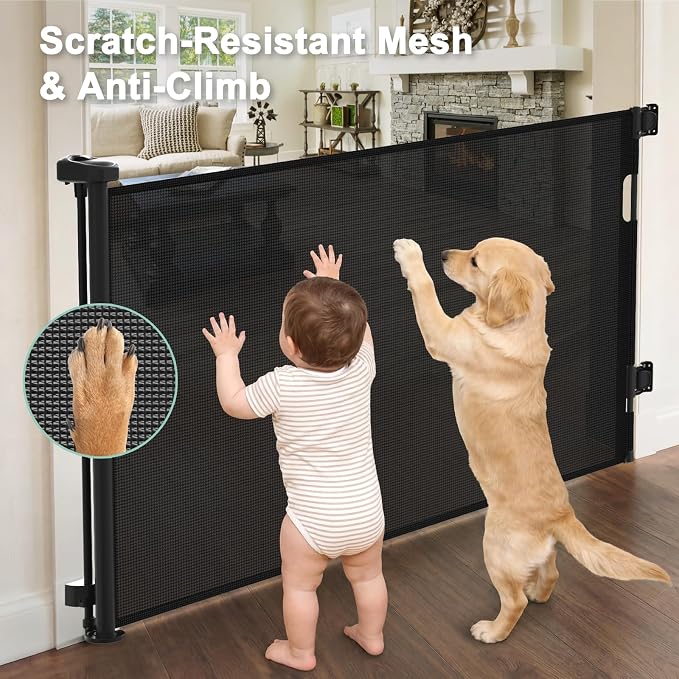 Retractable Baby Gates for Doorways & Stairs, Mesh Retractable Dog Gate for Indoor&Outdoor Use, 33" Tall Expands Up to 60" Width, No Bottom Bar Child Safety Gates for Stairs, Doorways, Hallways, Decks