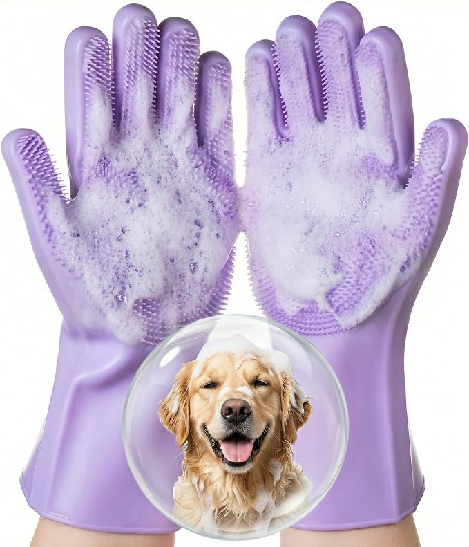 Silicone Pet Grooming Gloves Dog Washing Gloves for Bathing, 1 Pair Purple | 3000 Soft Silicone Bristles, 5-Finger Flexible, Gently Massages & Removes Fur, Non-Slip, Easy Clean, for Dogs/Cats/Horses