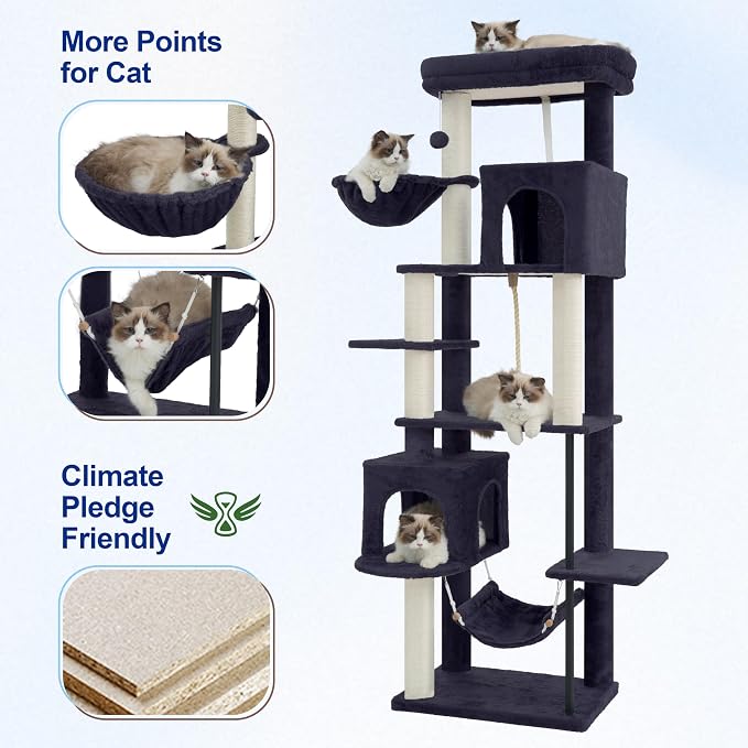 Cat Tree, Cat Tower with Sturdy Steel Tube, Large Perch GCT024G | 70.5'' Cat Furniture with Scratching Post, Hammock, Basket and Big Platform for Indoor Cats Large Adult, Drak Gray