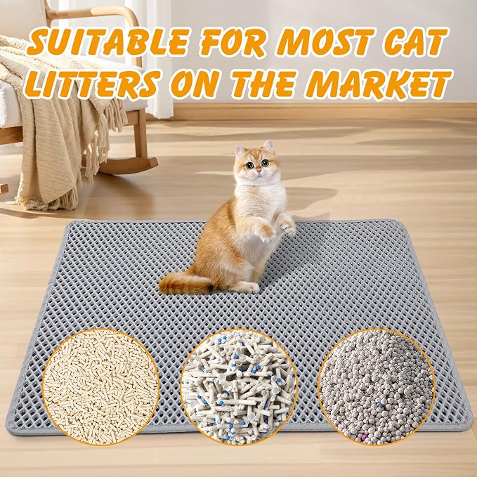 Double Layer Cat Litter Mat, Waterproof Non-Slip, 30 x 24 Inch | Honeycomb litter trapping, EVA soft on paws, urine-resistant bottom, easy shake or rinse clean