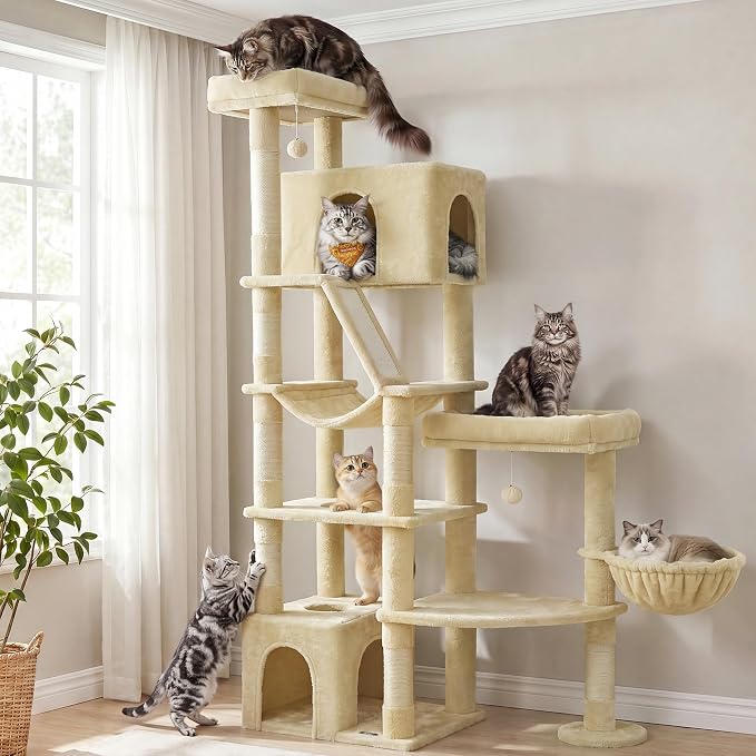 Feandrea 74.1-Inch Cat Tree Tower for Indoor Extra Large Cats, with Scratching Posts, Scratching Board, Multi-Level Design, Beige UPCT016Y101S