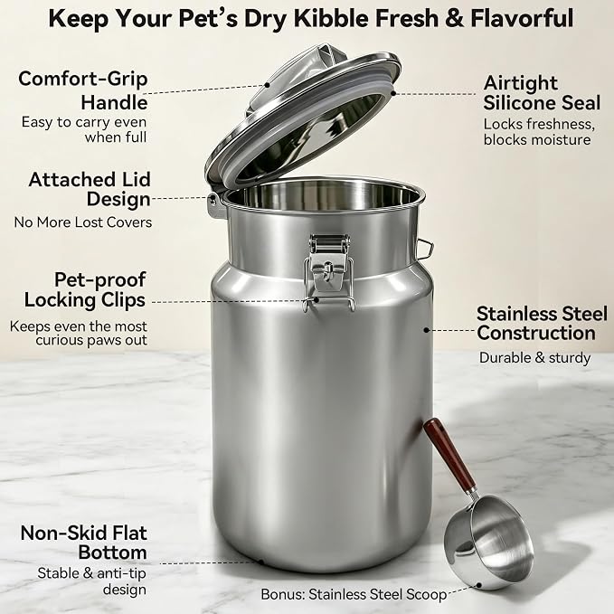 Newget 30 lb Stainless Steel Airtight Dog Food Storage Container with Scoop | Large Capacity, Rust-Resistant Steel, Sturdy & Durable, Airtight Seal, Moisture Protection, Suitable for Multi-Pet Families