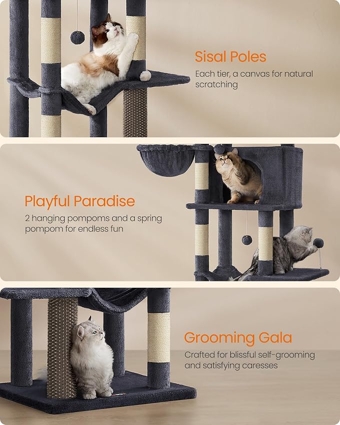 Feandrea Cat Tree, 69-Inch Tall Cat Tower, Multi-Level Plush Condo with 2 Caves, 2 Baskets, 5 Scratching Posts, Self-Groomer, Perch, Hammock, Dark Gray UPCT182G02