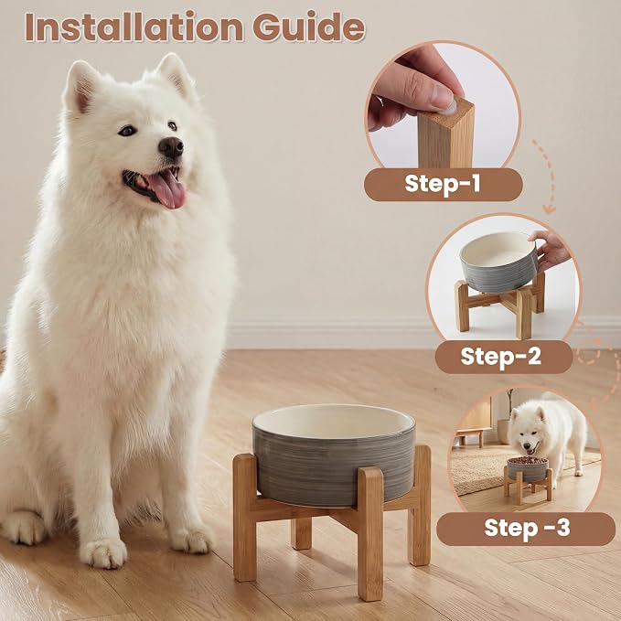 hjn Elevated Ceramic Dog Bowl with Bamboo Stand, Raised Pet Feeding Station for Small Medium Dogs Cats, Modern Design with Anti-Slip Base (White Gray, 7.6Cup)