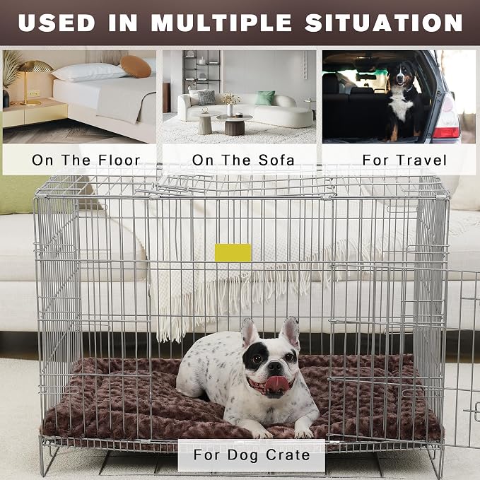 Exsnugy Washable Dog Bed Mat Large Size Fluffy Pet Crate Pad 48x30 XXL | Non-Slip Bottom Kennel Beds Ultra Soft Comfy Sleeping Mattress for Large Medium Small Dogs Brown