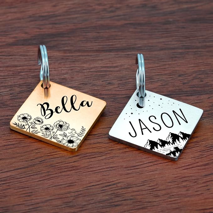 Ultra Joys Stainless Steel Pet ID Tags - Personalized Front and Back Engraving, Customized Dog and Cat Tags, Optional Engraved on Both Sides, Diamond Flower Rose Large