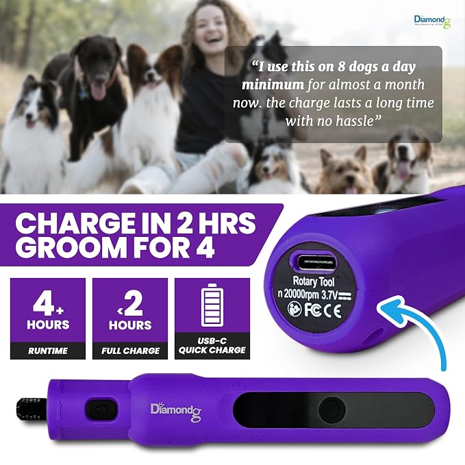Diamondg Micro Dog Nail Grinder - Quiet Sound with LED Light, Purple | 5-Speed Rechargeable Pet Nail Trimmer for Small & Large Dogs, LCD Display, USB-C Charging, 4hrs. Runtime Rotary Tool