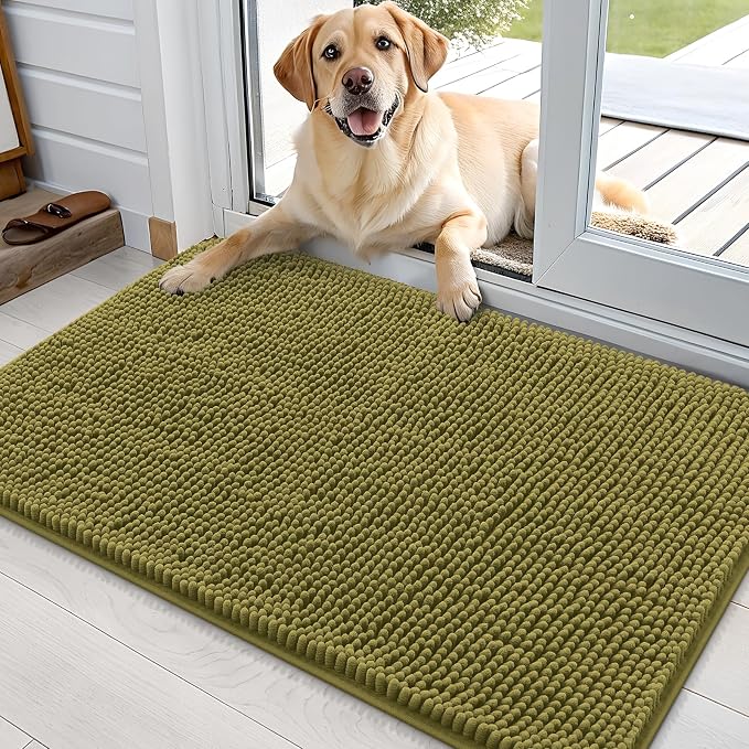 OLANLY Dog Door Mat for Muddy Paws 35x24, Super Absorbent Chenille Mud Mat | Willow Green, Absorbs Moisture and Dirt, Non-Slip Machine Washable Doormat, Quick-Dry Indoor Entryway Floor Carpet for Dogs