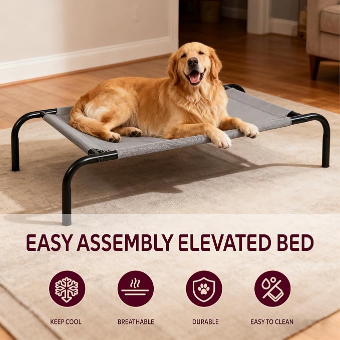 OUTSIDER Elevated Dog Bed with Breathable Mesh Fabric, Large Raised Pet Cot with Airflow and Support, Durable and Easy to Clean (Grey, Large)