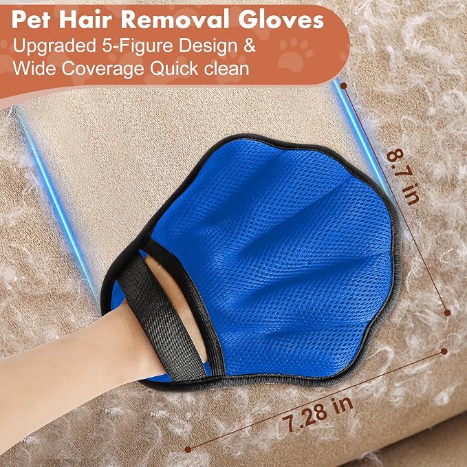 Pet Hair Removal Glove, Electrostatic Pet Hair Remover Glove for Cats & Dogs, Hair Remover Tools for Couch, Carpet, Clothing, Car Seat - Upgraded Five-Finger, Reusable，MediumBlue+Darkgrey