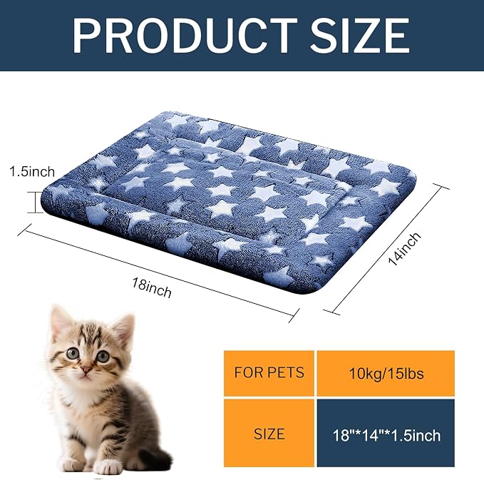 Dog Bed Mat - Comfortable Dog Kennel Pad, Multi-Purpose Crate Bed Mats for Dogs & Cats (NavyBlue&Stars, 18" L x 14" W x 1.5" Th)