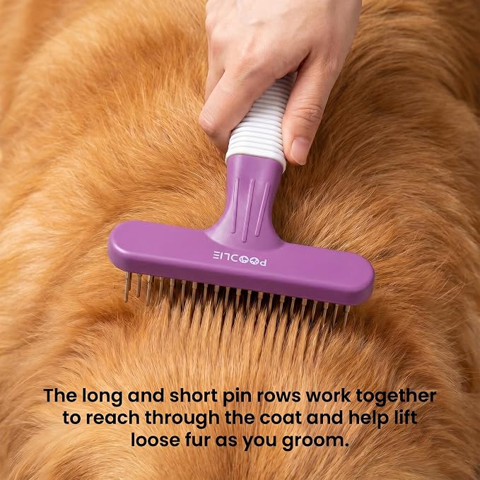POODLIE Poodle Pet Dog Grooming Rake| Dematting Tool with Stainless Steel Shedding Comb for Pets | 2 Rows of Pins Gently Remove Loose or Tangled Hair from Undercoat | Purple Handle